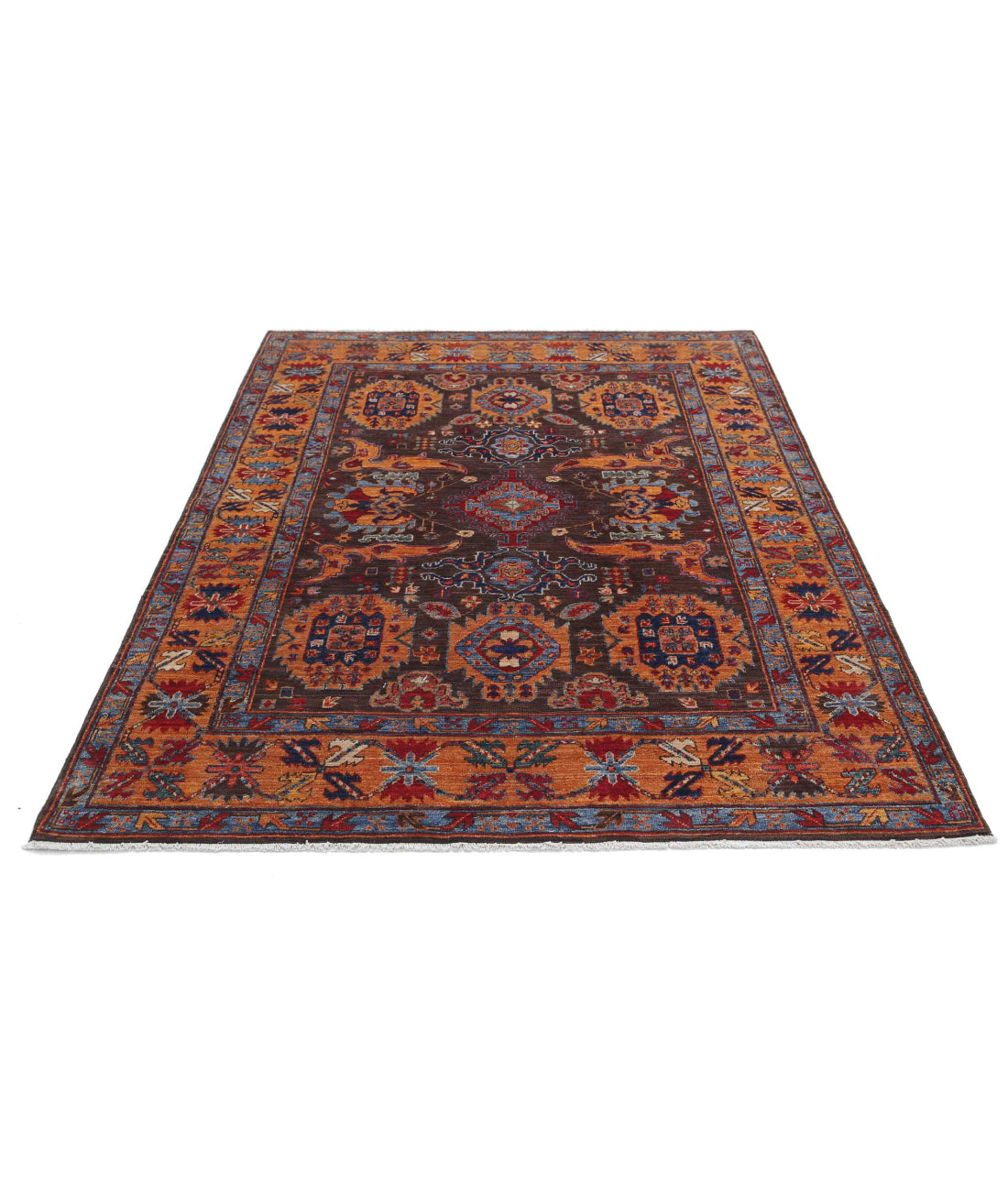 Hand Knotted Nomadic Caucasian Humna Wool Rug - 5'0'' x 6'10'' 5'0'' x 6'10'' (150 X 205) / Brown / Gold