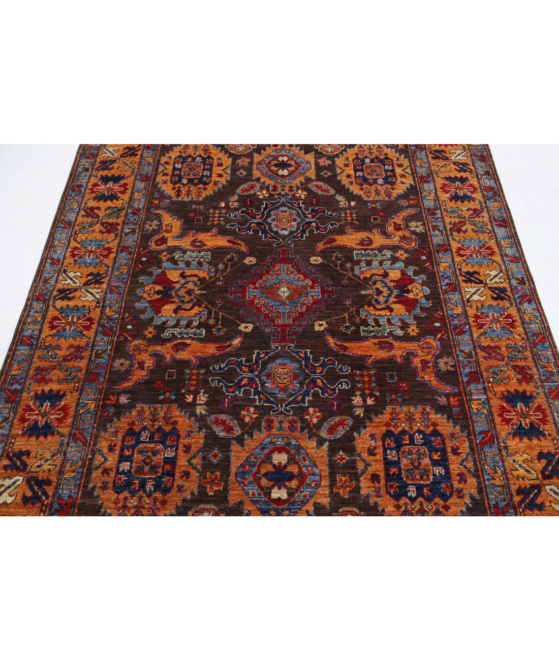 Hand Knotted Nomadic Caucasian Humna Wool Rug - 5'0'' x 6'10'' 5'0'' x 6'10'' (150 X 205) / Brown / Gold