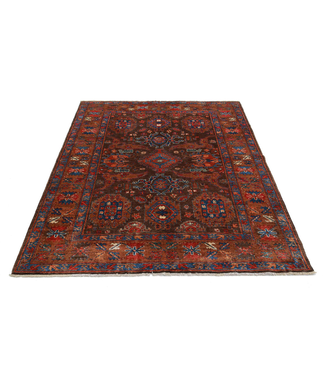 Hand Knotted Nomadic Caucasian Humna Wool Rug - 5'1'' x 6'4'' 5'1'' x 6'4'' (153 X 190) / Brown / Gold