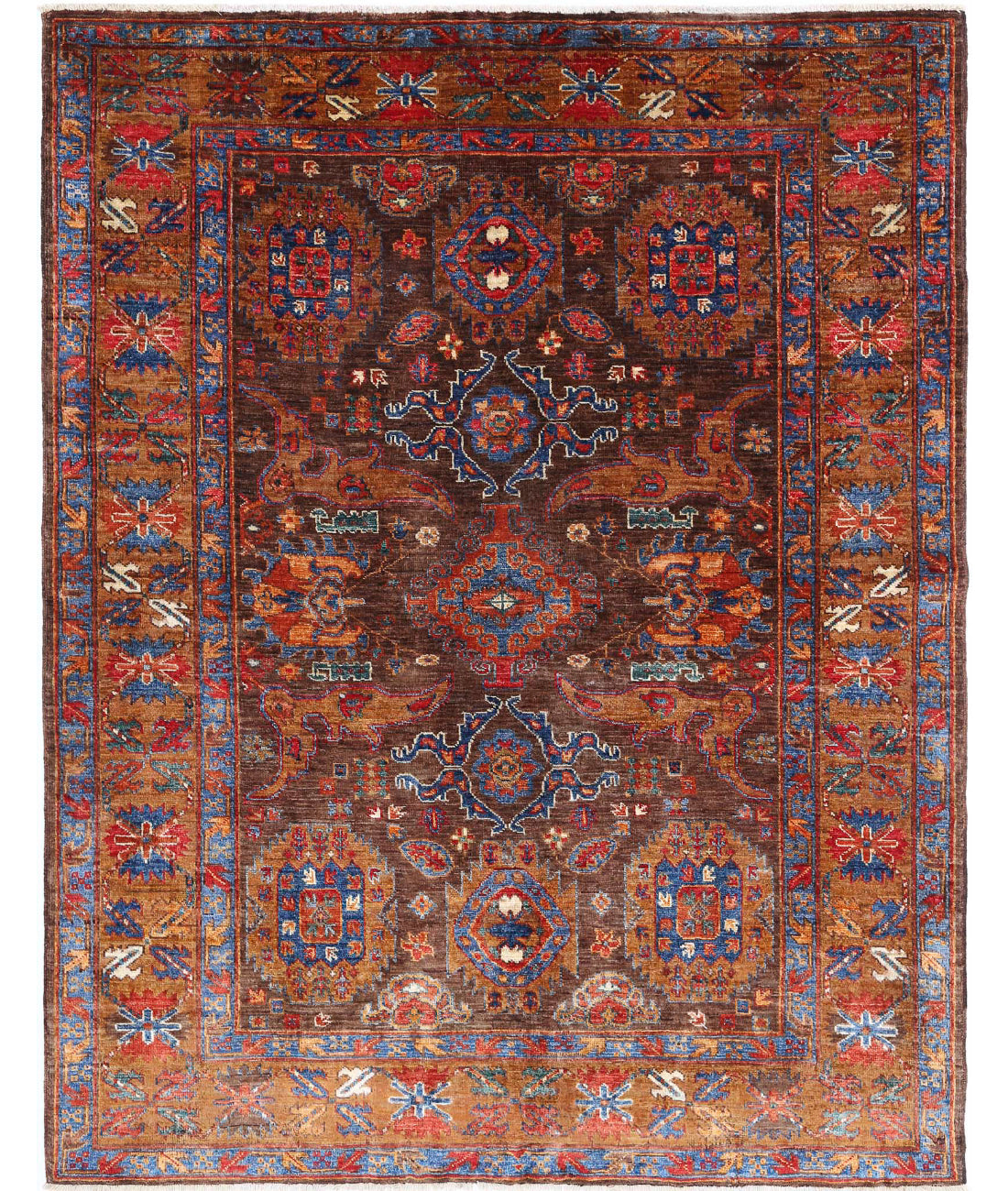 Hand Knotted Nomadic Caucasian Humna Wool Rug - 5&#39;1&#39;&#39; x 6&#39;4&#39;&#39; 5&#39;1&#39;&#39; x 6&#39;4&#39;&#39; (153 X 190) / Brown / Gold