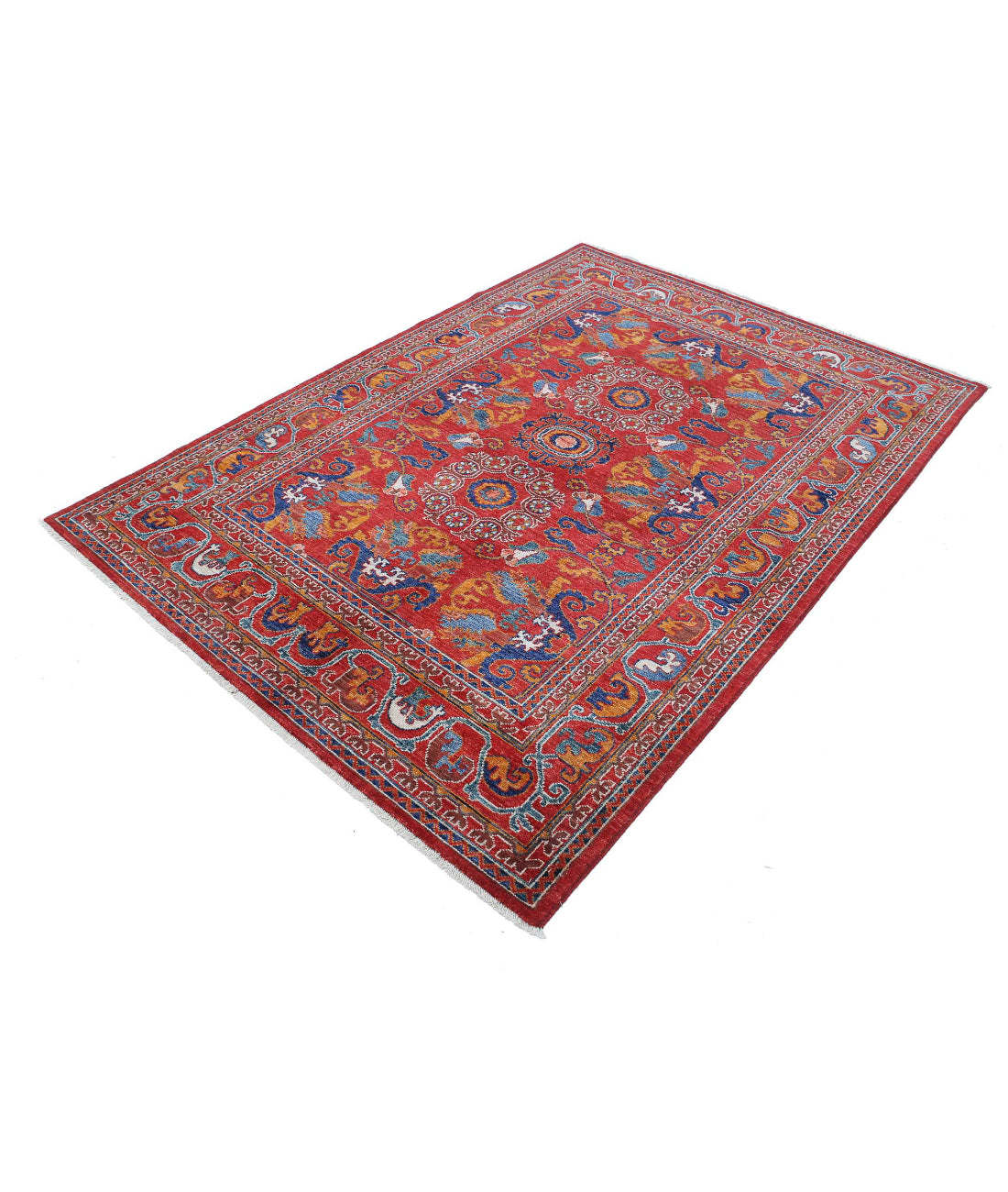 Hand Knotted Nomadic Caucasian Humna Wool Rug - 5'0'' x 7'1'' 5'0'' x 7'1'' (150 X 213) / Red / Gold