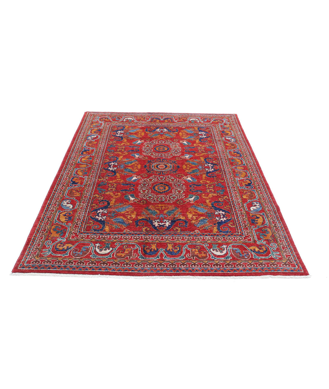 Hand Knotted Nomadic Caucasian Humna Wool Rug - 5'0'' x 7'1'' 5'0'' x 7'1'' (150 X 213) / Red / Gold