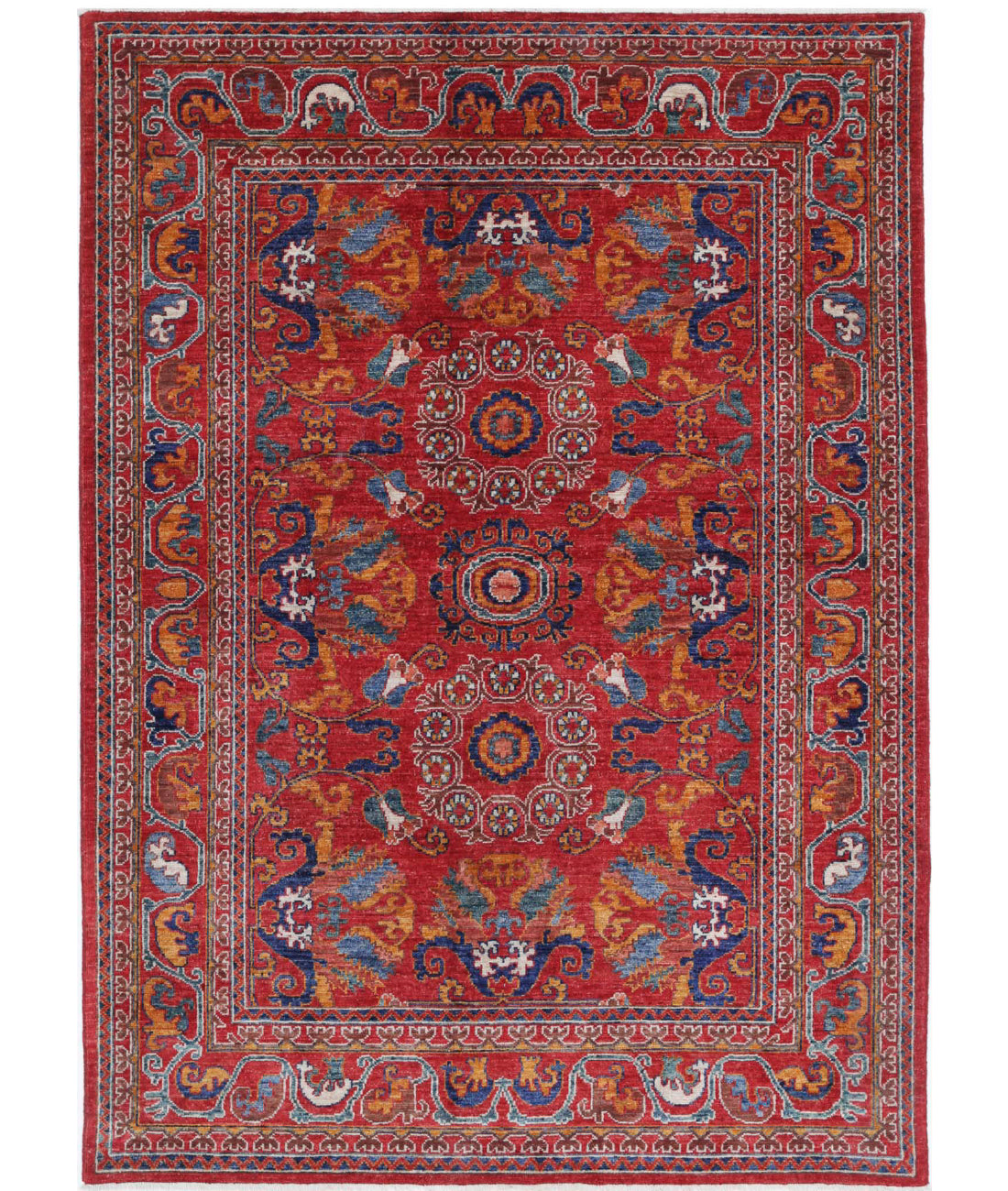 Hand Knotted Nomadic Caucasian Humna Wool Rug - 5&#39;0&#39;&#39; x 7&#39;1&#39;&#39; 5&#39;0&#39;&#39; x 7&#39;1&#39;&#39; (150 X 213) / Red / Gold