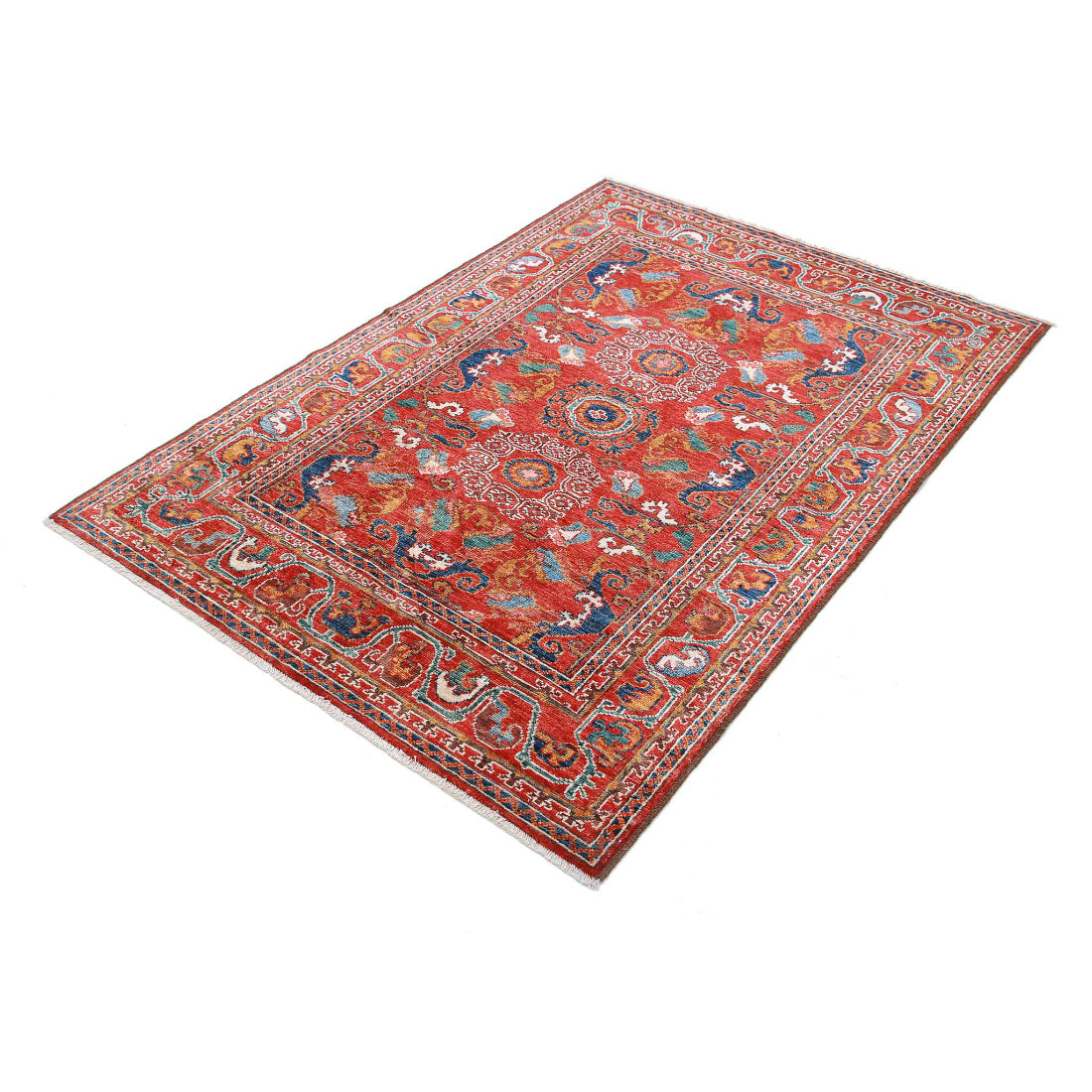 Alfombra de lana Humna caucásica nómada anudada a mano - 4'1'' x 5'10''