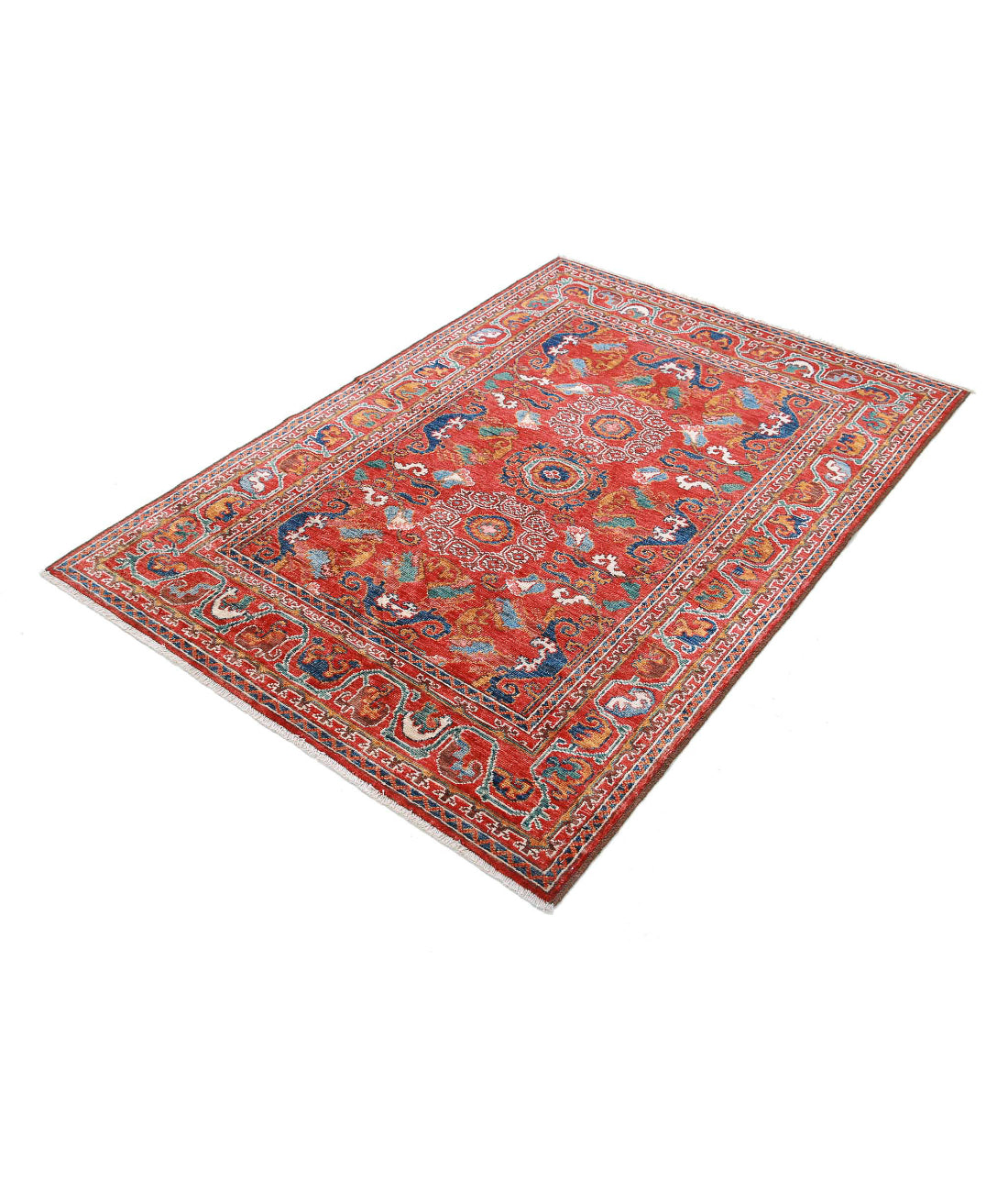 Alfombra de lana Humna caucásica nómada anudada a mano - 4'1'' x 5'10''