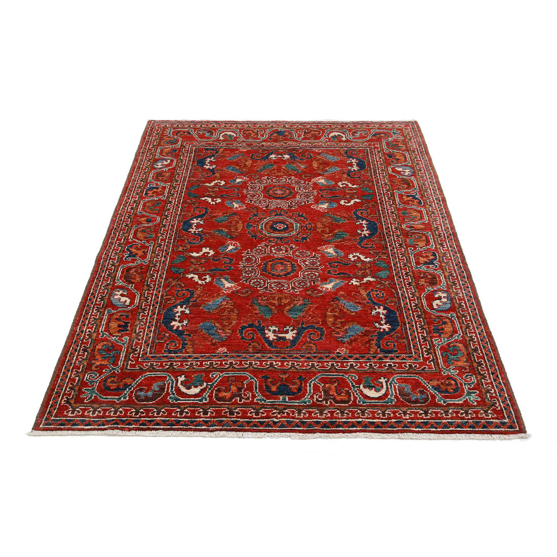 Alfombra de lana Humna caucásica nómada anudada a mano - 4'1'' x 5'10''