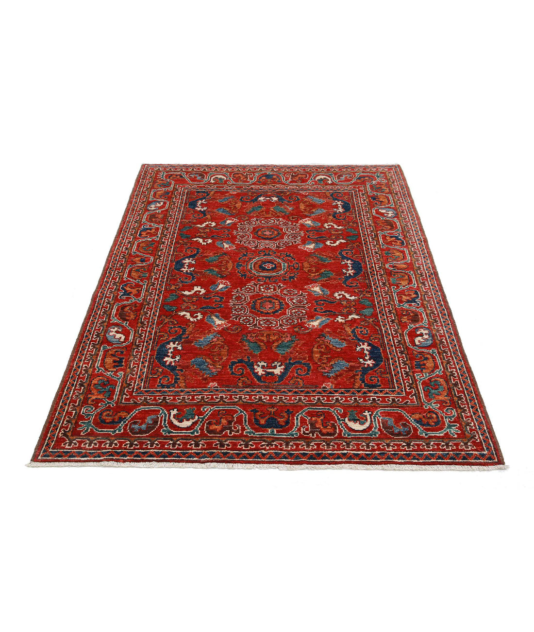 Alfombra de lana Humna caucásica nómada anudada a mano - 4'1'' x 5'10''