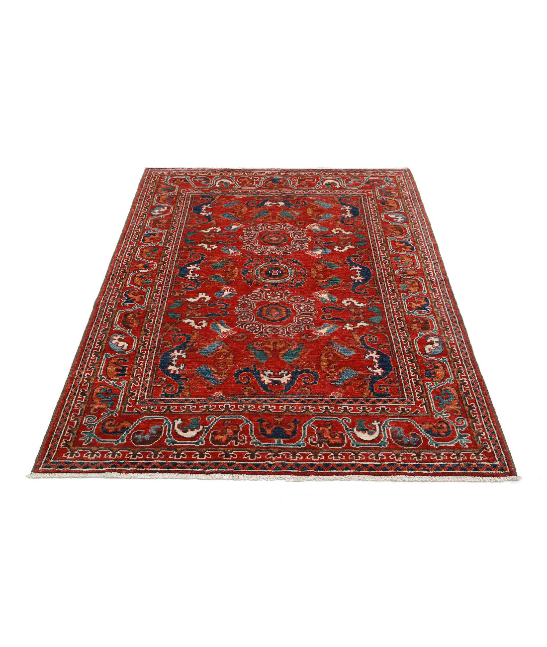Hand Knotted Nomadic Caucasian Humna Wool Rug - 4'1'' x 5'10'' 4'1'' x 5'10'' (123 X 175) / Red / N/A