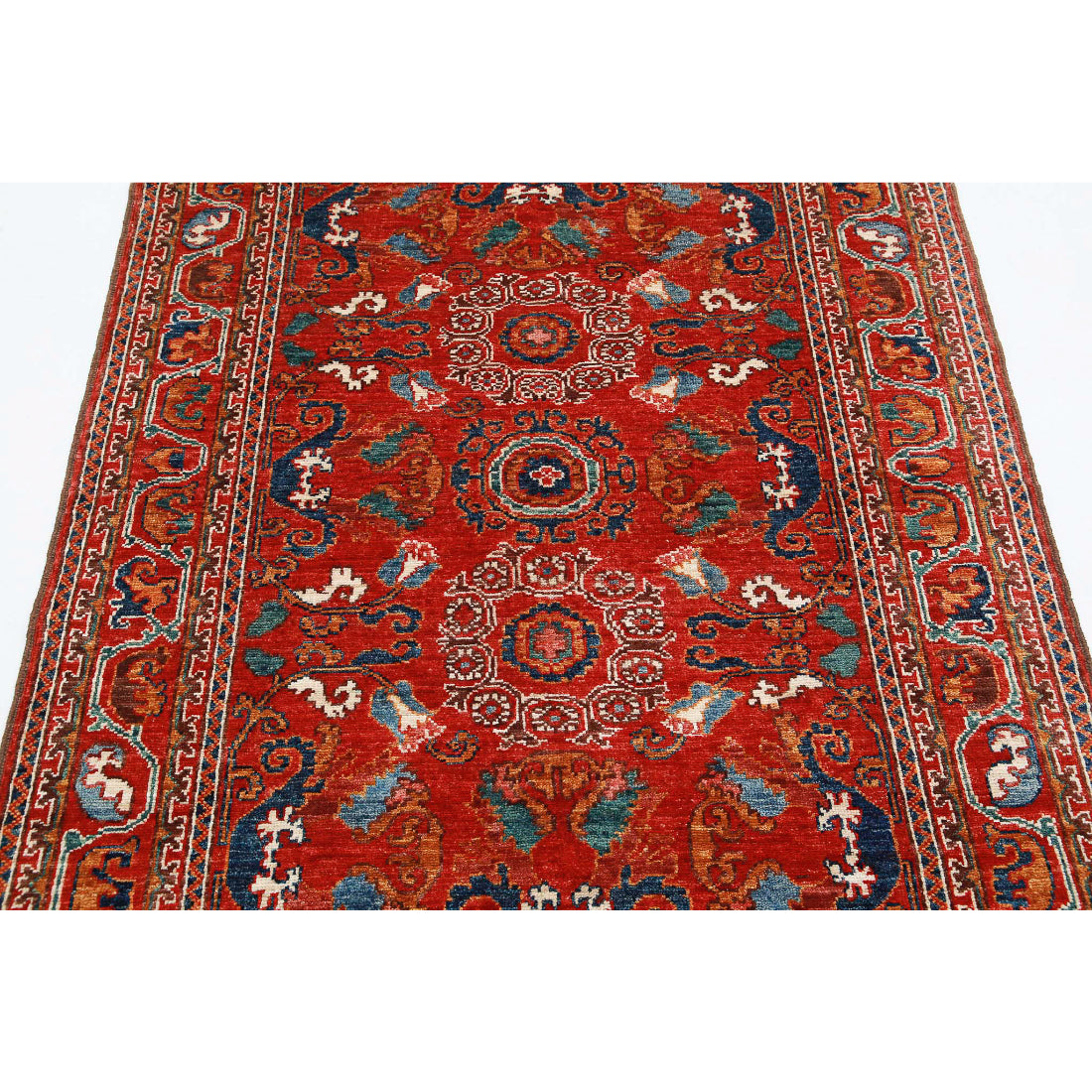 Alfombra de lana Humna caucásica nómada anudada a mano - 4'1'' x 5'10''