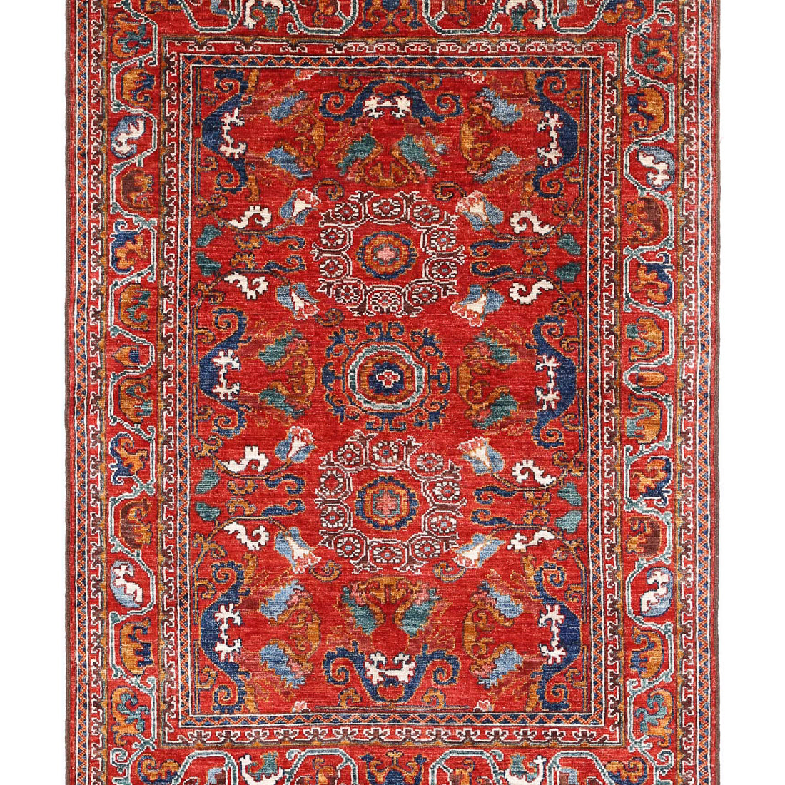 Alfombra de lana Humna caucásica nómada anudada a mano - 4'1'' x 5'10''