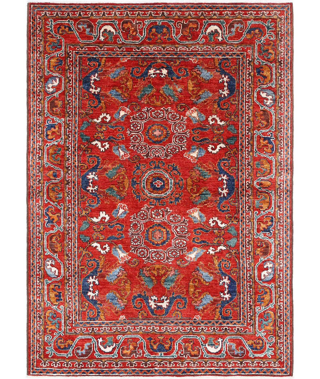 Alfombra de lana Humna caucásica nómada anudada a mano - 4'1'' x 5'10''