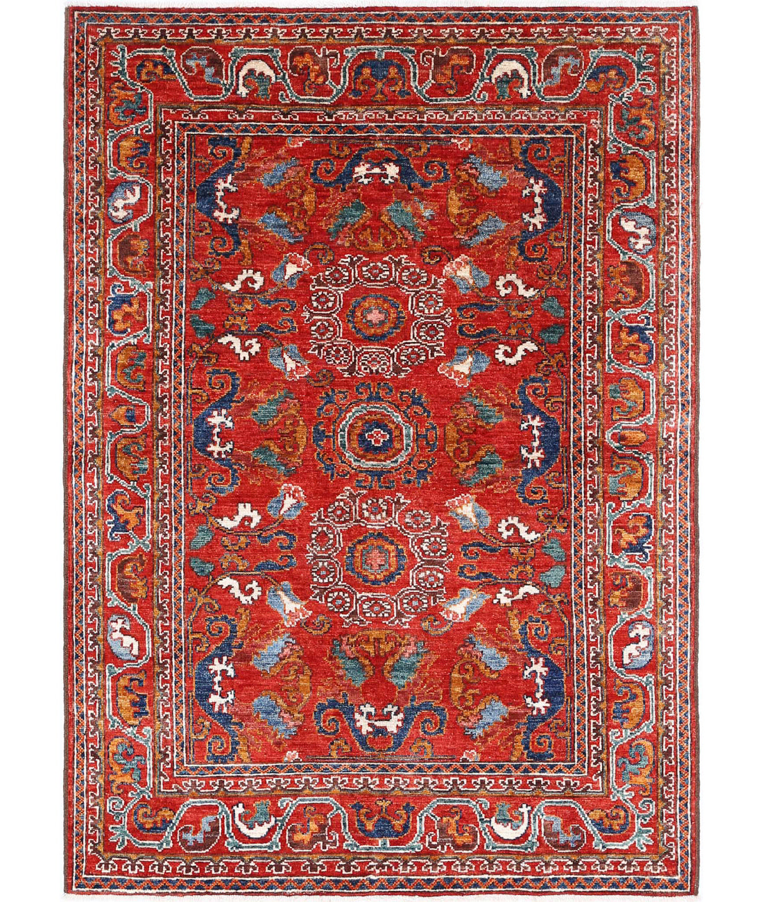 Hand Knotted Nomadic Caucasian Humna Wool Rug - 4&#39;1&#39;&#39; x 5&#39;10&#39;&#39; 4&#39;1&#39;&#39; x 5&#39;10&#39;&#39; (123 X 175) / Red / N/A
