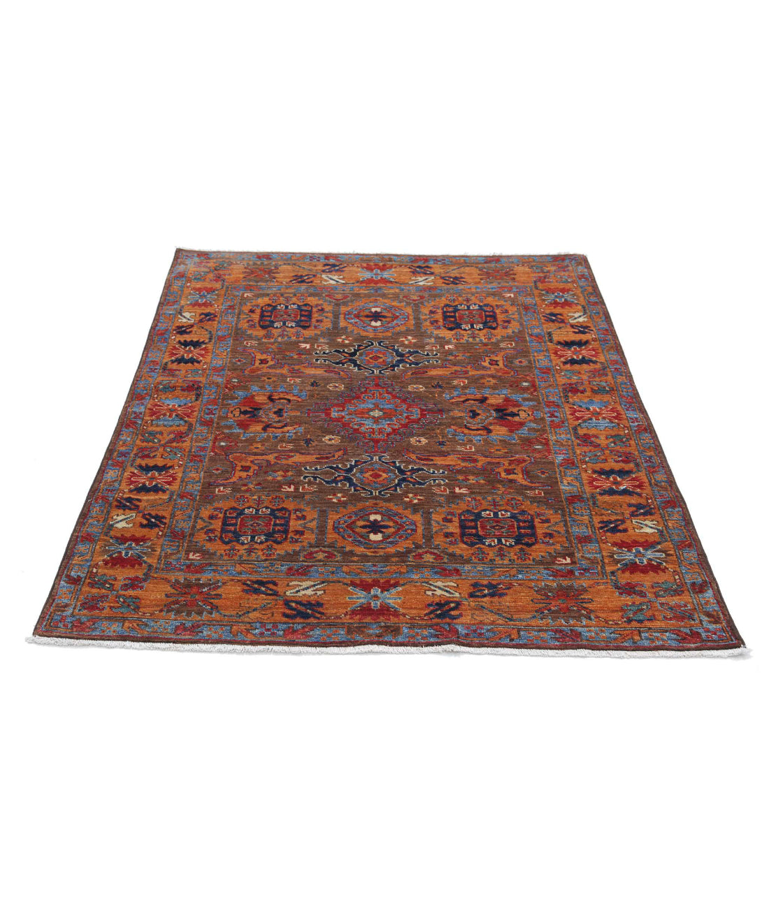 Hand Knotted Nomadic Caucasian Humna Wool Rug - 4'0'' x 4'10'' 4'0'' x 4'10'' (120 X 145) / Taupe / Gold