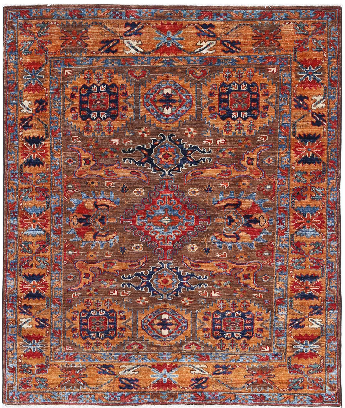 Hand Knotted Nomadic Caucasian Humna Wool Rug - 4&#39;0&#39;&#39; x 4&#39;10&#39;&#39; 4&#39;0&#39;&#39; x 4&#39;10&#39;&#39; (120 X 145) / Taupe / Gold