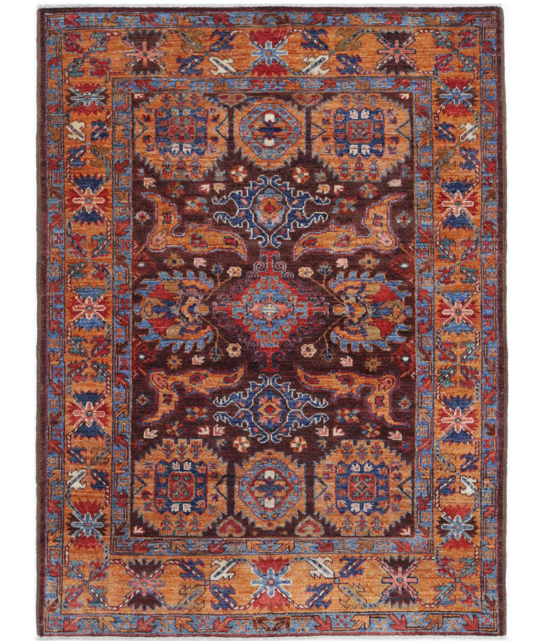 Hand Knotted Nomadic Caucasian Humna Wool Rug - 4&#39;1&#39;&#39; x 5&#39;7&#39;&#39; 4&#39;1&#39;&#39; x 5&#39;7&#39;&#39; (123 X 168) / Brown / Gold