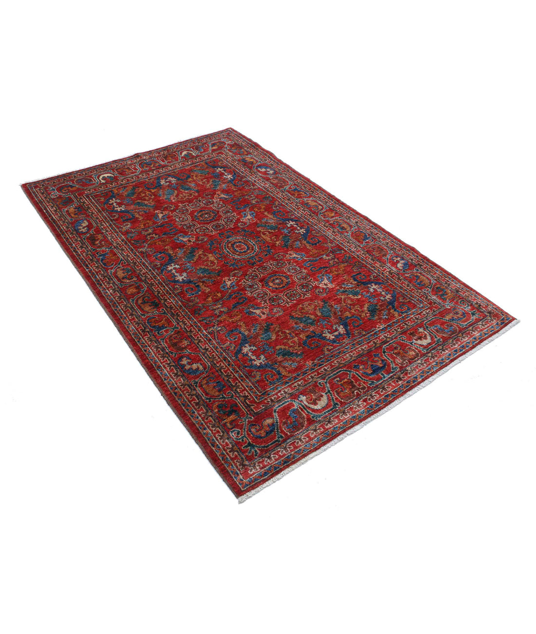 Hand Knotted Nomadic Caucasian Humna Wool Rug - 4'0'' x 6'1'' 4'0'' x 6'1'' (120 X 183) / Red / N/A