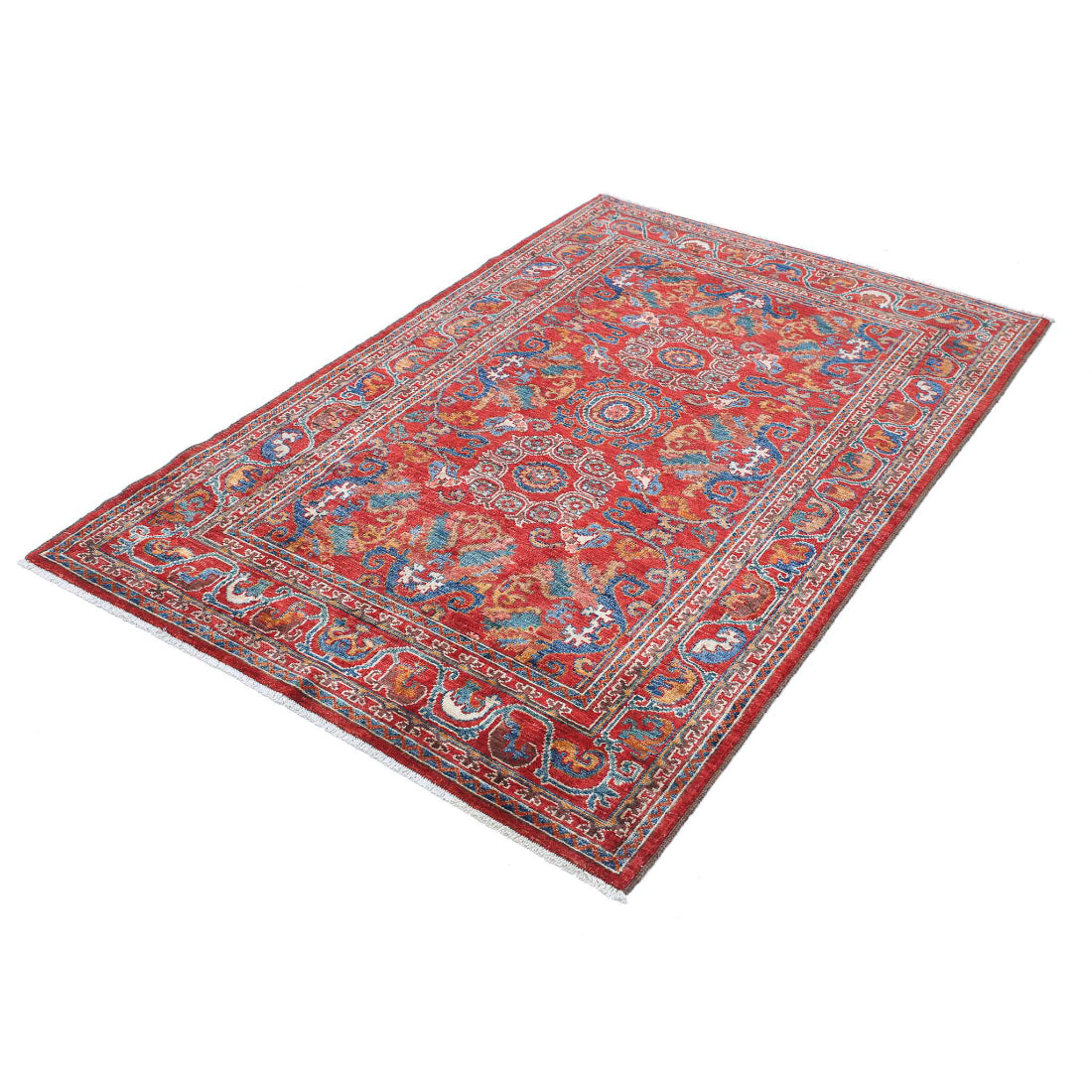 Alfombra de lana Humna caucásica nómada anudada a mano - 4'0'' x 6'1''