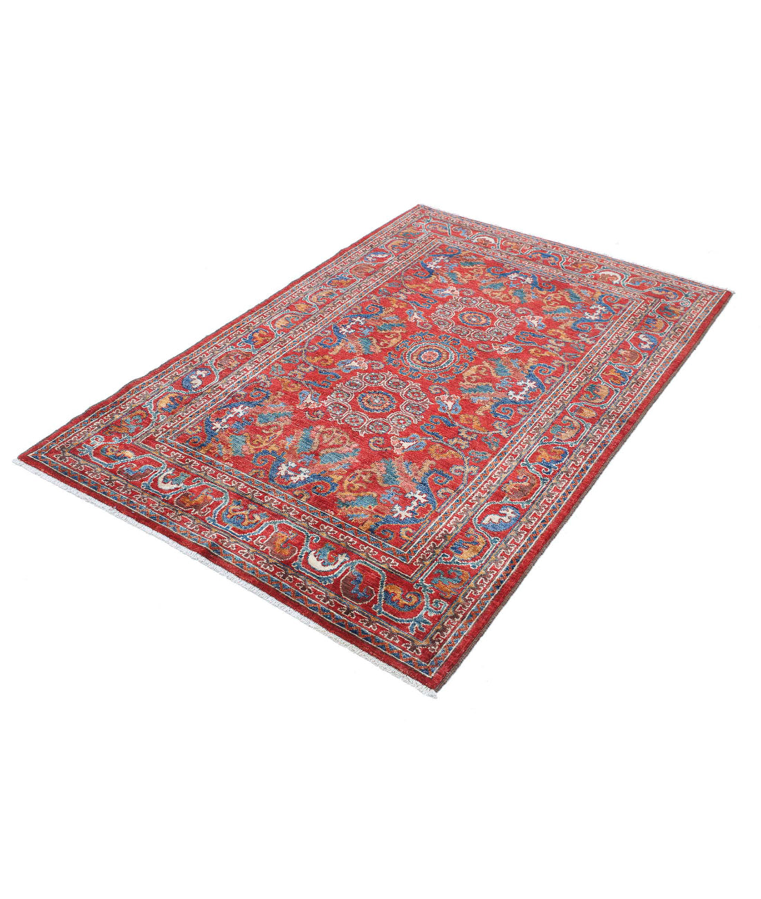 Hand Knotted Nomadic Caucasian Humna Wool Rug - 4'0'' x 6'1'' 4'0'' x 6'1'' (120 X 183) / Red / N/A