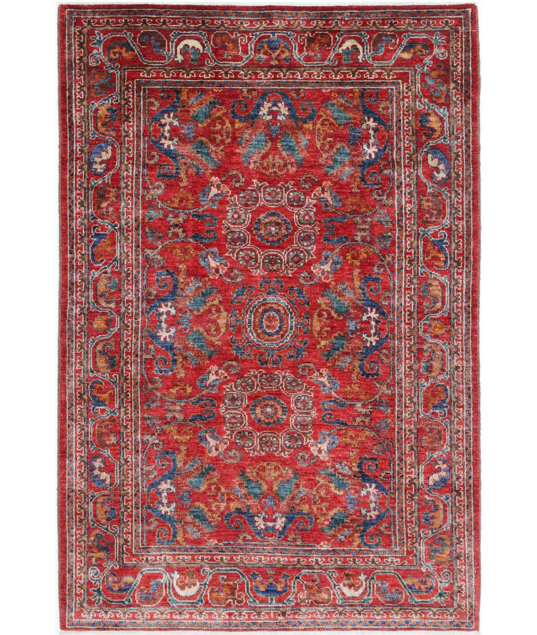 Alfombra de lana Humna caucásica nómada anudada a mano - 4'0'' x 6'1''