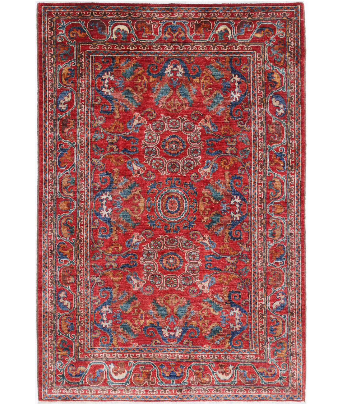 Hand Knotted Nomadic Caucasian Humna Wool Rug - 4'0'' x 6'1'' 4'0'' x 6'1'' (120 X 183) / Red / N/A