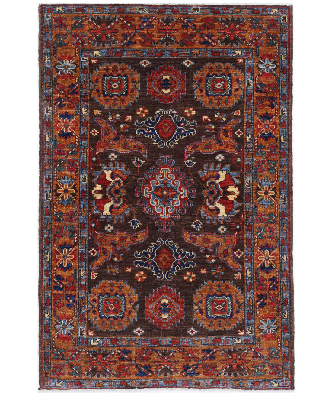 Hand Knotted Nomadic Caucasian Humna Wool Rug - 3&#39;1&#39;&#39; x 4&#39;10&#39;&#39; 3&#39;1&#39;&#39; x 4&#39;10&#39;&#39; (93 X 145) / Brown / Gold
