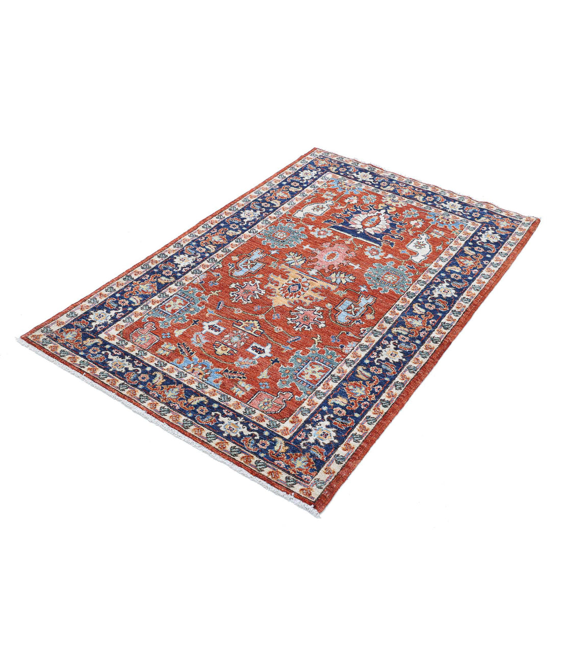 Hand Knotted Nomadic Caucasian Humna Wool Rug - 3'2'' x 4'10'' 3'2'' x 4'10'' (95 X 145) / Rust / Blue