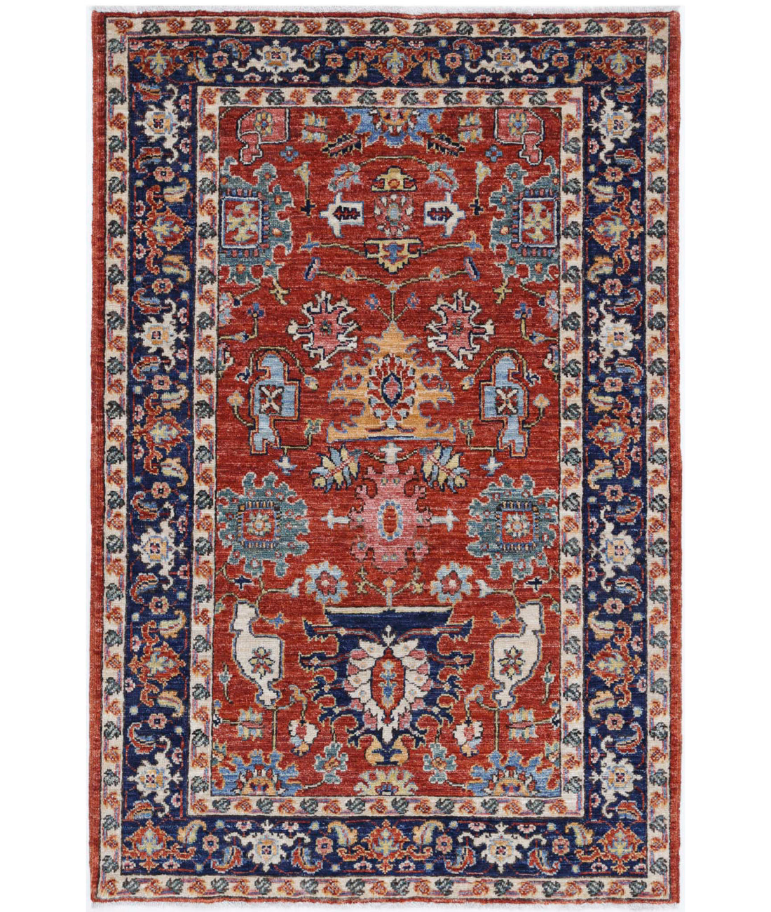 Hand Knotted Nomadic Caucasian Humna Wool Rug - 3&#39;2&#39;&#39; x 4&#39;10&#39;&#39; 3&#39;2&#39;&#39; x 4&#39;10&#39;&#39; (95 X 145) / Rust / Blue