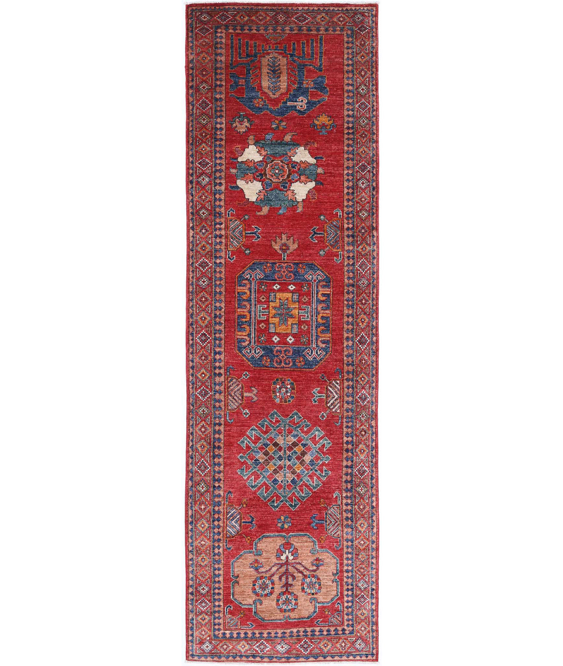 Hand Knotted Nomadic Caucasian Humna Wool Rug - 2&#39;8&#39;&#39; x 9&#39;11&#39;&#39; 2&#39;8&#39;&#39; x 9&#39;11&#39;&#39; (80 X 298) / Red / Taupe