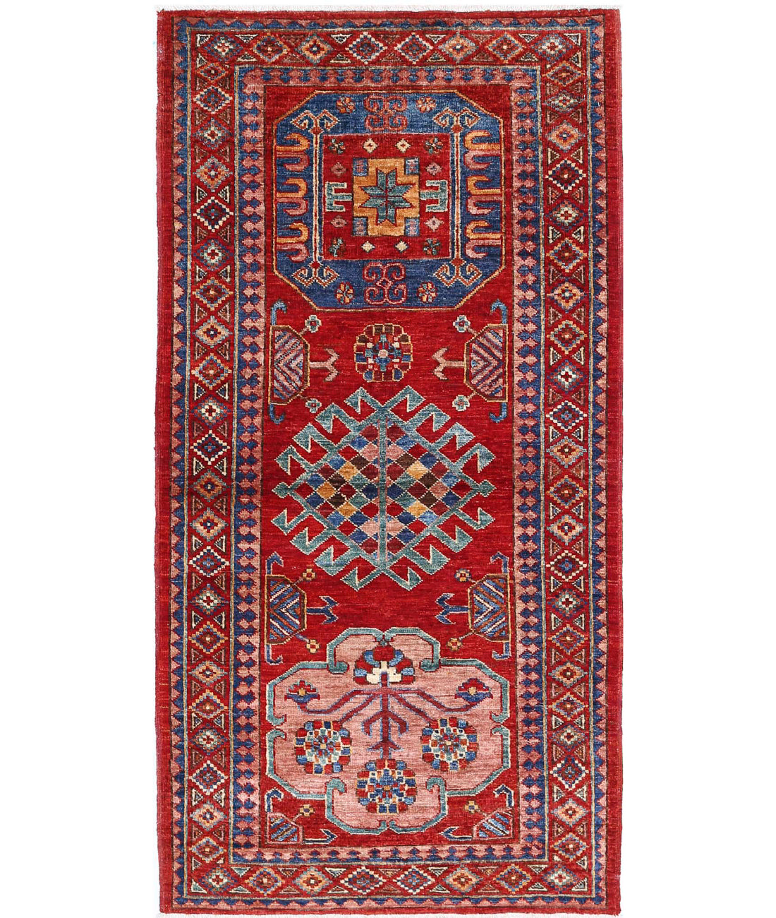 Hand Knotted Nomadic Caucasian Humna Wool Rug - 2&#39;10&#39;&#39; x 5&#39;10&#39;&#39; 2&#39;10&#39;&#39; x 5&#39;10&#39;&#39; (85 X 175) / Red / Blue