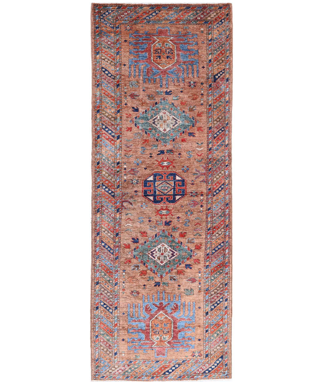 Hand Knotted Nomadic Caucasian Humna Wool Rug - 2&#39;9&#39;&#39; x 8&#39;0&#39;&#39; 2&#39;9&#39;&#39; x 8&#39;0&#39;&#39; (83 X 240) / Taupe / Multi