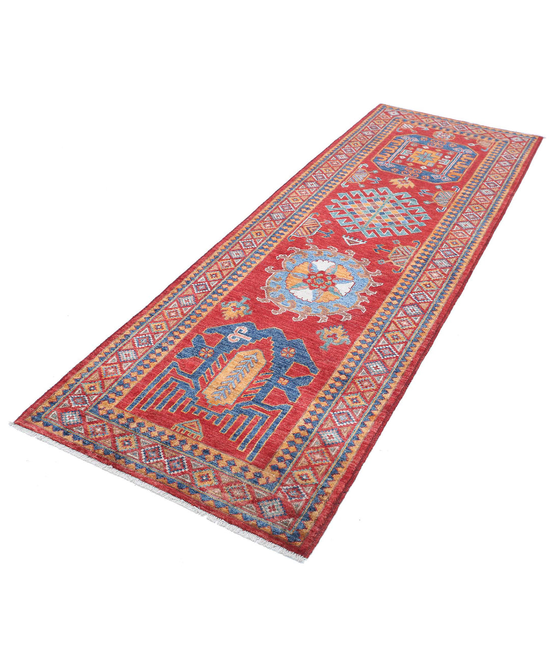 Hand Knotted Nomadic Caucasian Humna Wool Rug - 2'10'' x 8'3'' 2'10'' x 8'3'' (85 X 248) / Red / Blue