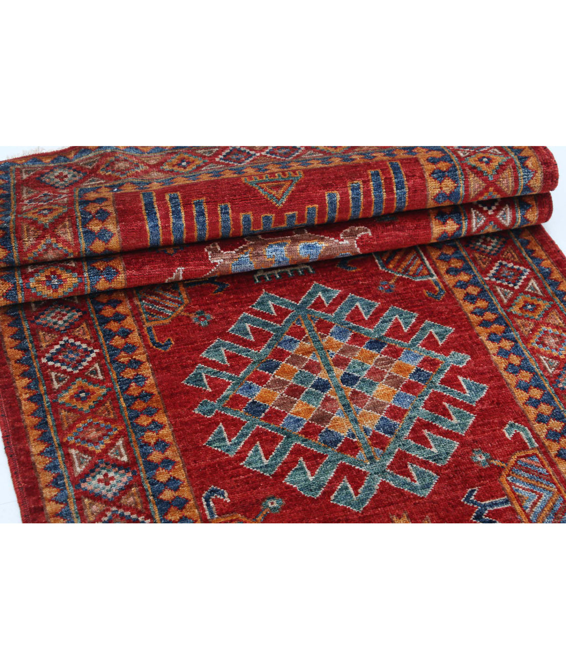 Hand Knotted Nomadic Caucasian Humna Wool Rug - 2'10'' x 8'3'' 2'10'' x 8'3'' (85 X 248) / Red / Blue