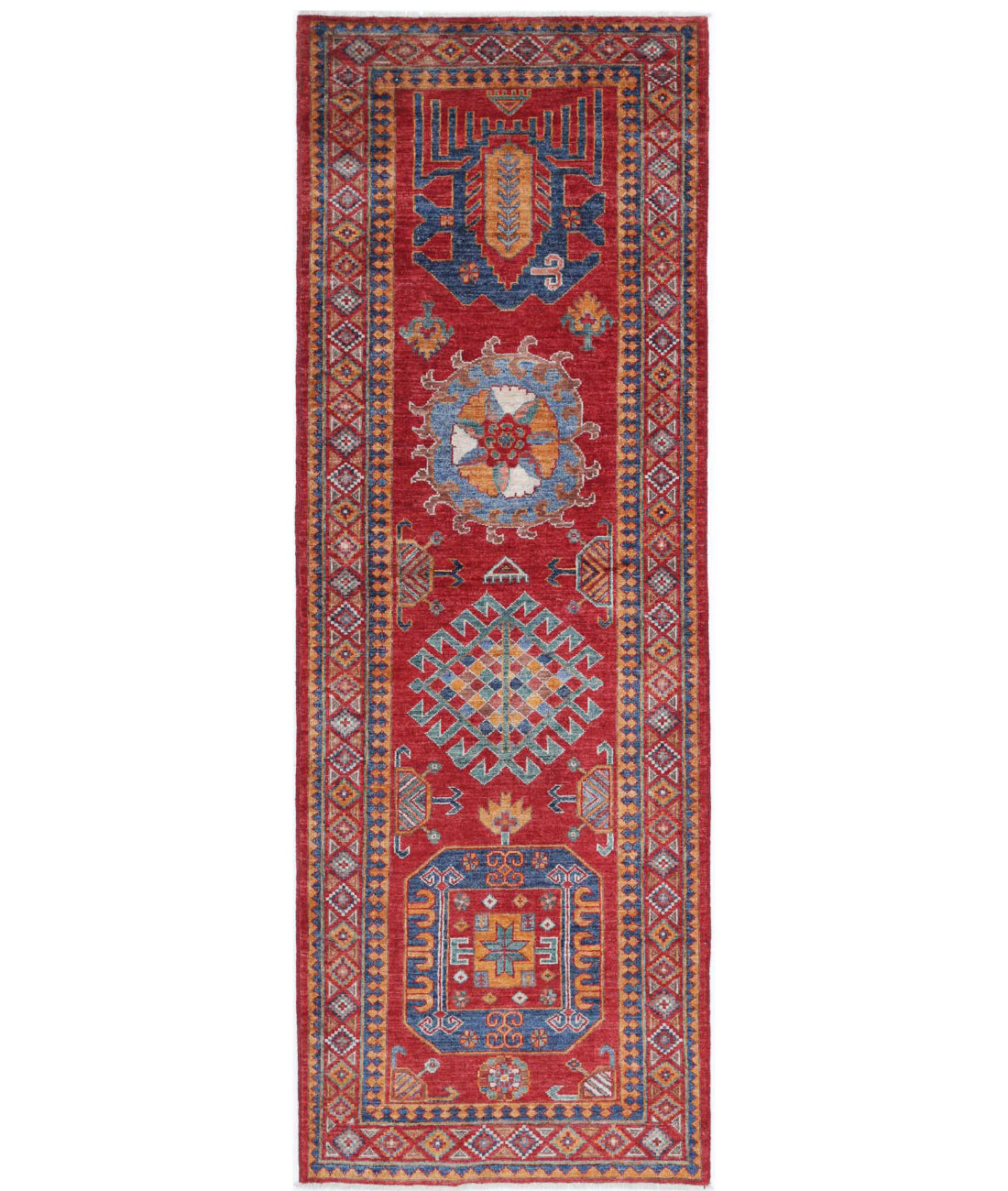 Hand Knotted Nomadic Caucasian Humna Wool Rug - 2&#39;10&#39;&#39; x 8&#39;3&#39;&#39; 2&#39;10&#39;&#39; x 8&#39;3&#39;&#39; (85 X 248) / Red / Blue