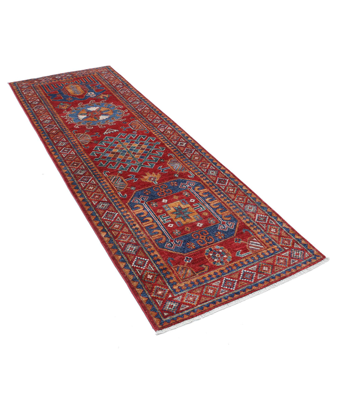 Hand Knotted Nomadic Caucasian Humna Wool Rug - 2'9'' x 8'1'' 2'9'' x 8'1'' (83 X 243) / Red / Blue
