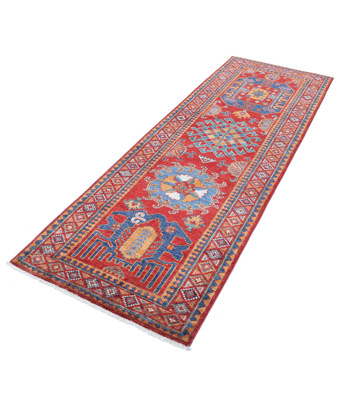 Hand Knotted Nomadic Caucasian Humna Wool Rug - 2'9'' x 8'1'' 2'9'' x 8'1'' (83 X 243) / Red / Blue