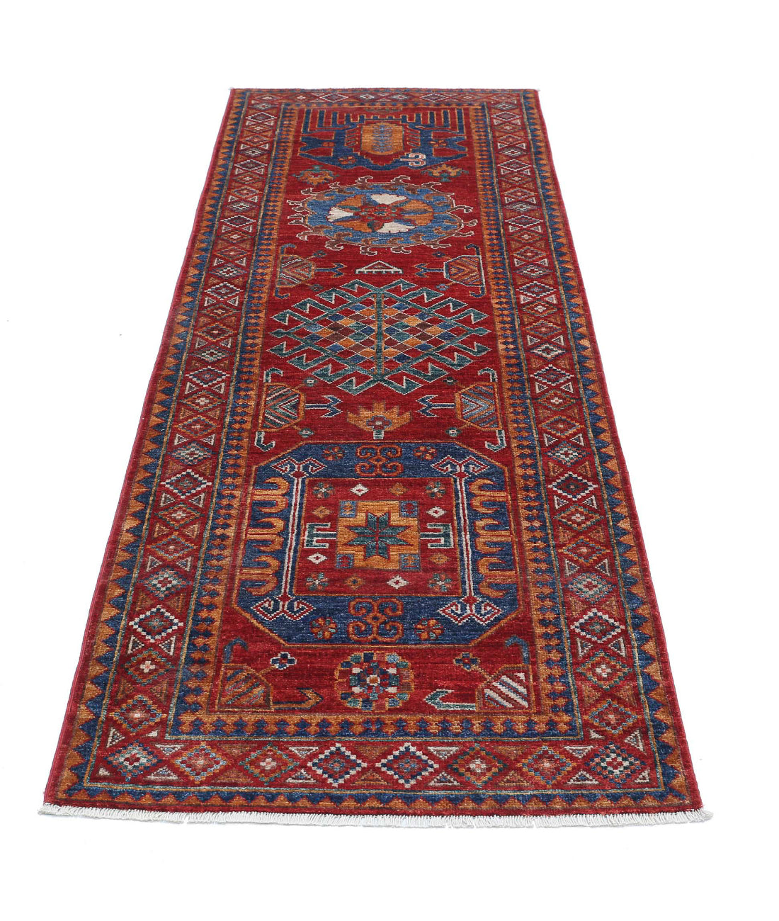 Hand Knotted Nomadic Caucasian Humna Wool Rug - 2'9'' x 8'1'' 2'9'' x 8'1'' (83 X 243) / Red / Blue