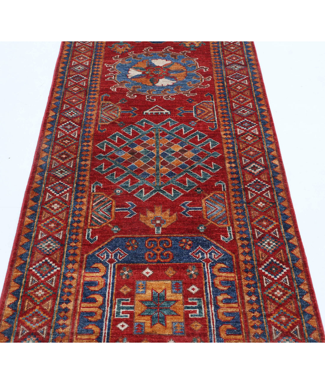 Hand Knotted Nomadic Caucasian Humna Wool Rug - 2'9'' x 8'1'' 2'9'' x 8'1'' (83 X 243) / Red / Blue