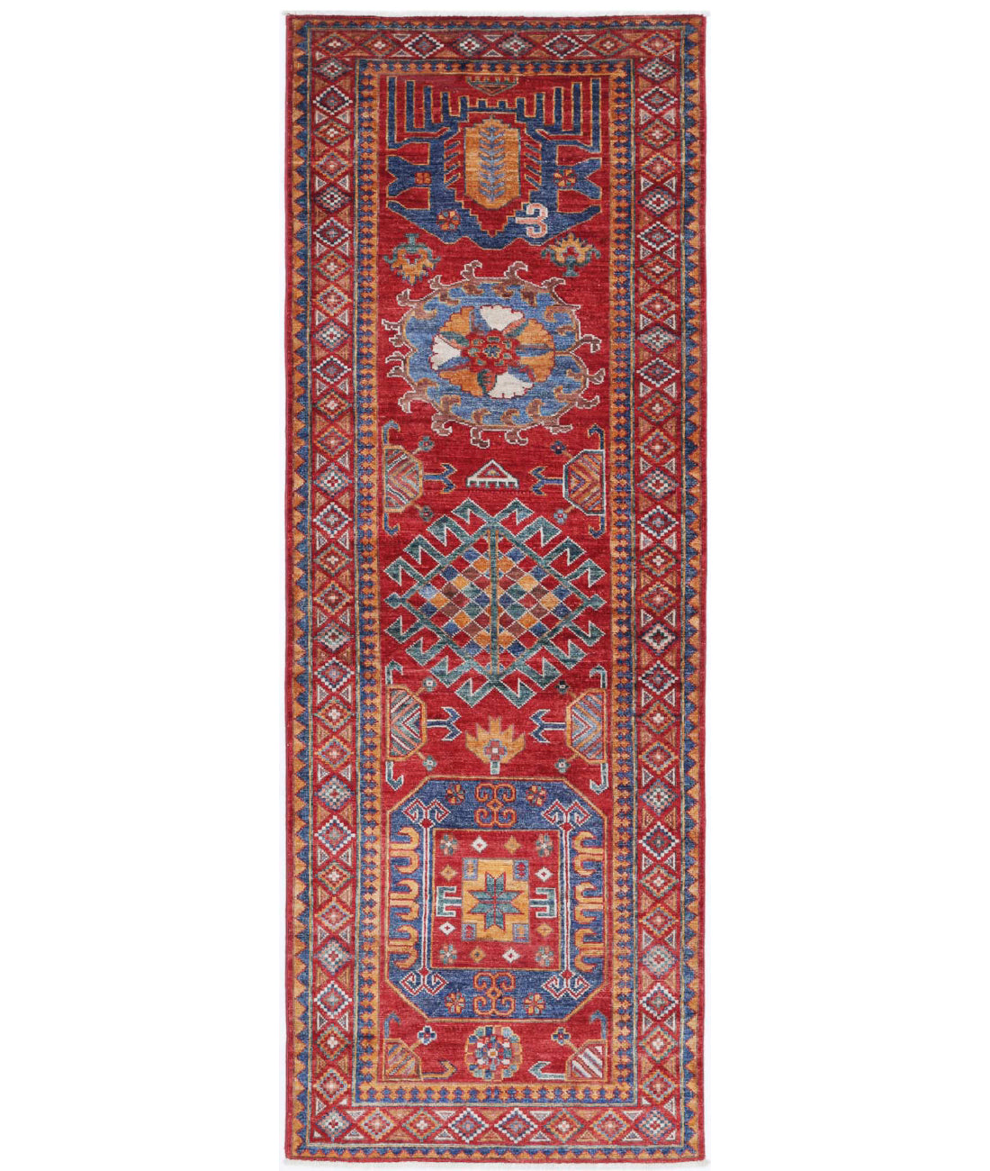 Hand Knotted Nomadic Caucasian Humna Wool Rug - 2&#39;9&#39;&#39; x 8&#39;1&#39;&#39; 2&#39;9&#39;&#39; x 8&#39;1&#39;&#39; (83 X 243) / Red / Blue