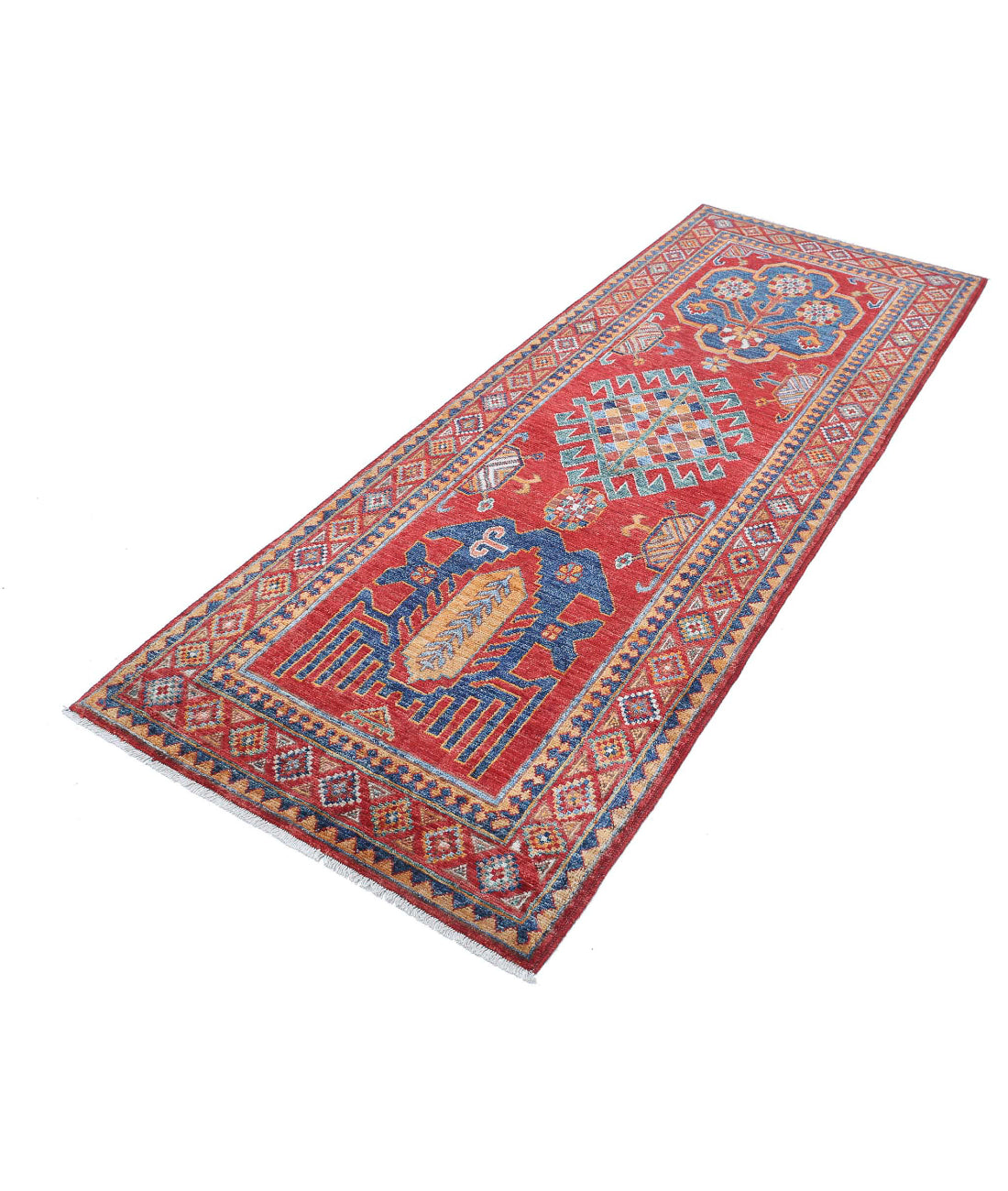 Hand Knotted Nomadic Caucasian Humna Wool Rug - 2'10'' x 7'5'' 2'10'' x 7'5'' (85 X 223) / Red / Gold