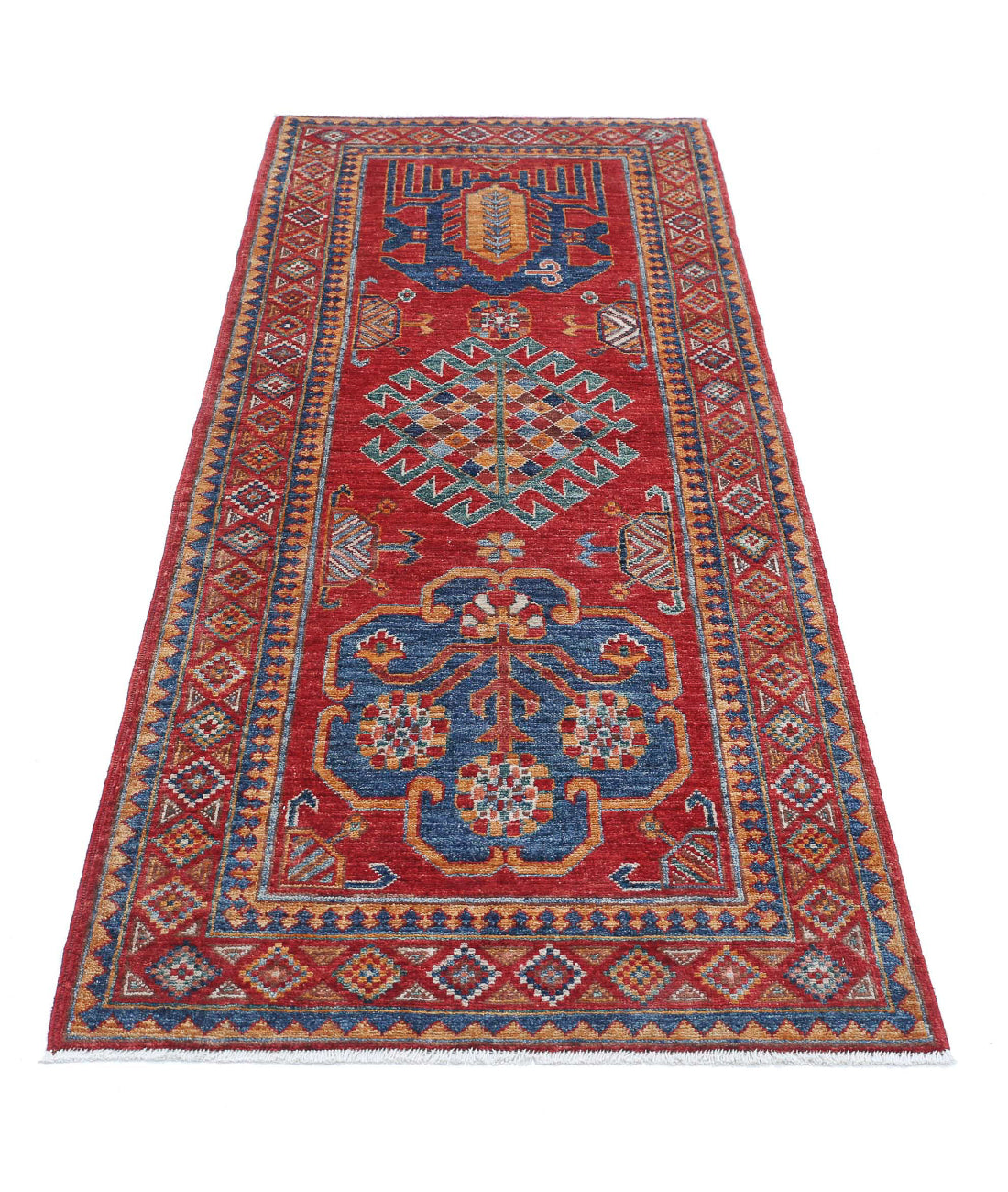Hand Knotted Nomadic Caucasian Humna Wool Rug - 2'10'' x 7'5'' 2'10'' x 7'5'' (85 X 223) / Red / Gold