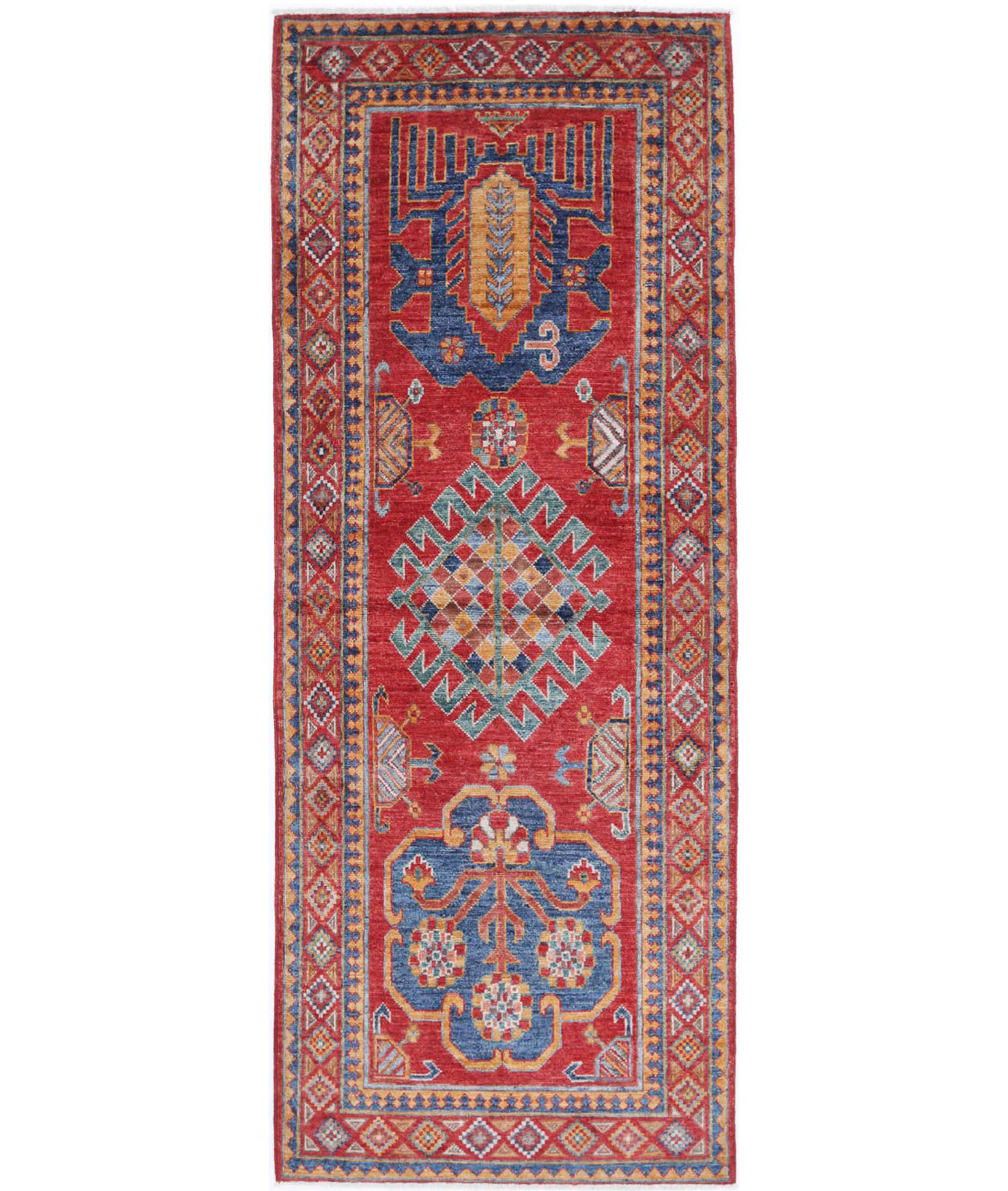 Hand Knotted Nomadic Caucasian Humna Wool Rug - 2&#39;10&#39;&#39; x 7&#39;5&#39;&#39; 2&#39;10&#39;&#39; x 7&#39;5&#39;&#39; (85 X 223) / Red / Gold