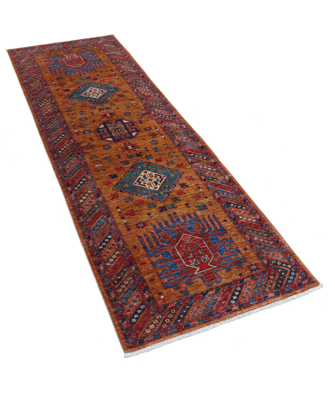 Hand Knotted Nomadic Caucasian Humna Wool Rug - 2'8'' x 7'7'' 2'8'' x 7'7'' (80 X 228) / Gold / Multi