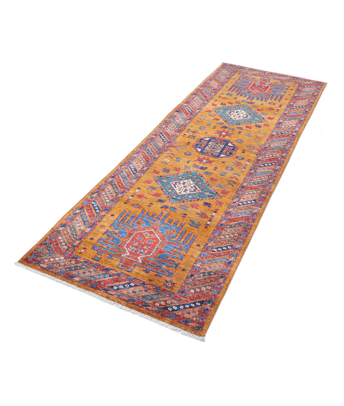 Hand Knotted Nomadic Caucasian Humna Wool Rug - 2'8'' x 7'7'' 2'8'' x 7'7'' (80 X 228) / Gold / Multi