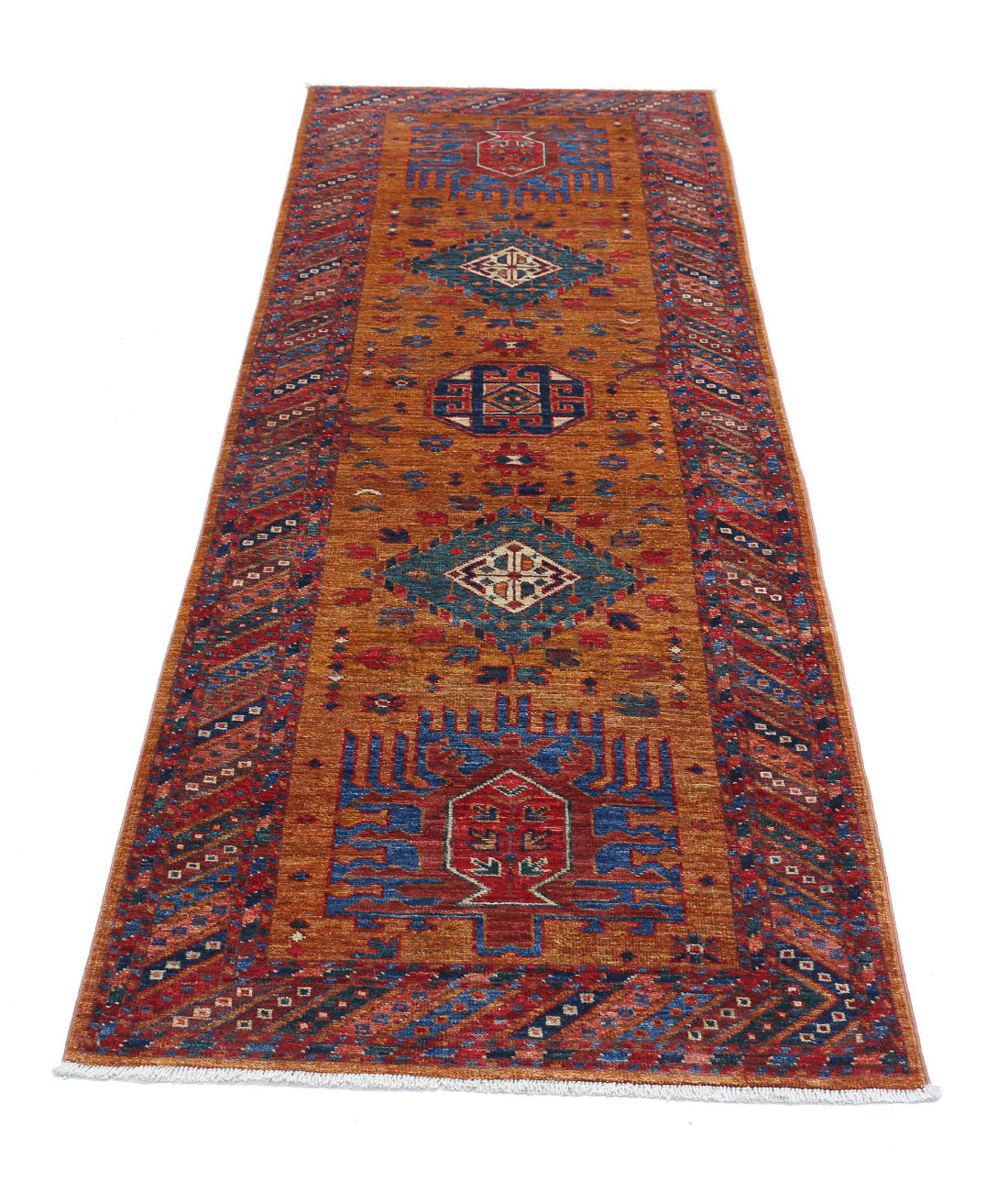 Hand Knotted Nomadic Caucasian Humna Wool Rug - 2'8'' x 7'7'' 2'8'' x 7'7'' (80 X 228) / Gold / Multi