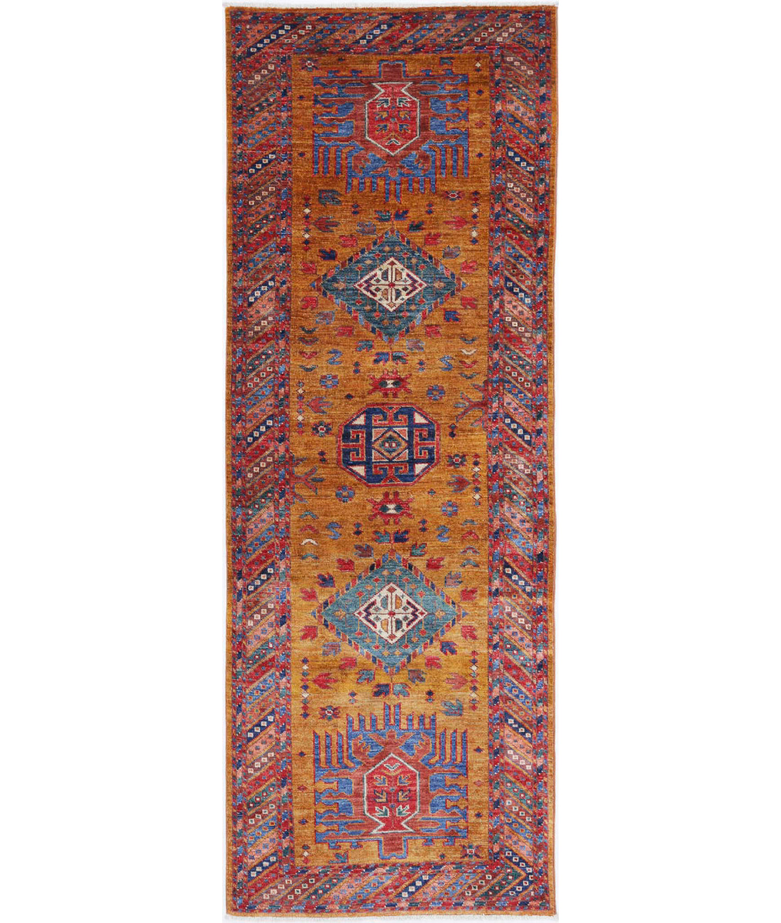 Hand Knotted Nomadic Caucasian Humna Wool Rug - 2&#39;8&#39;&#39; x 7&#39;7&#39;&#39; 2&#39;8&#39;&#39; x 7&#39;7&#39;&#39; (80 X 228) / Gold / Multi
