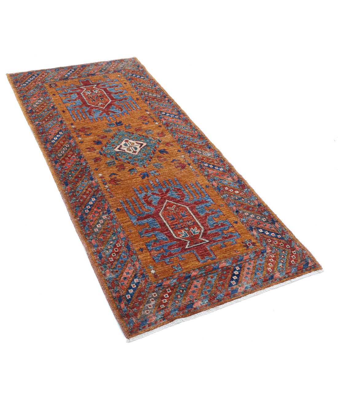 Hand Knotted Nomadic Caucasian Humna Wool Rug - 2'7'' x 5'10'' 2'7'' x 5'10'' (78 X 175) / Gold / Multi