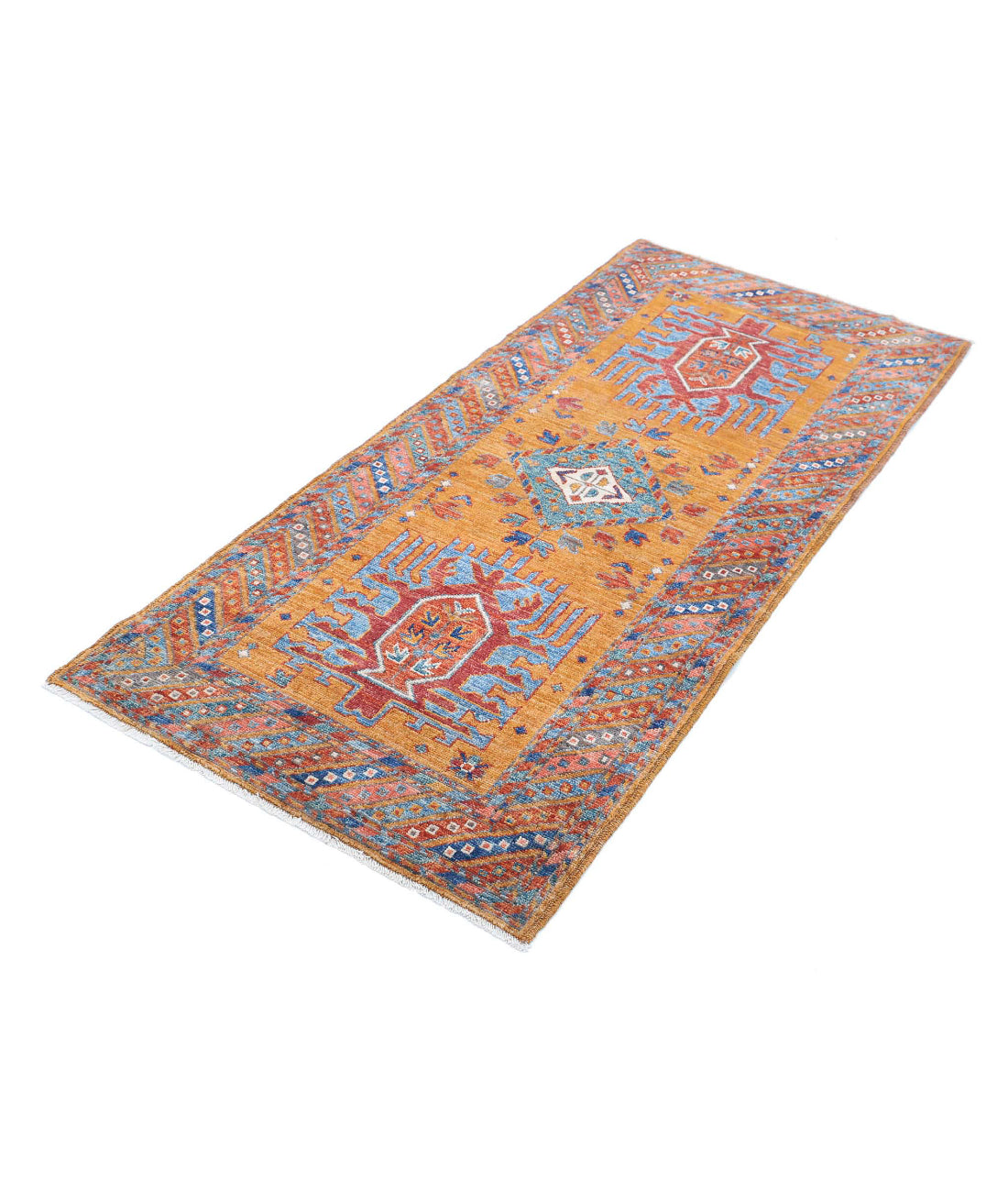 Hand Knotted Nomadic Caucasian Humna Wool Rug - 2'7'' x 5'10'' 2'7'' x 5'10'' (78 X 175) / Gold / Multi