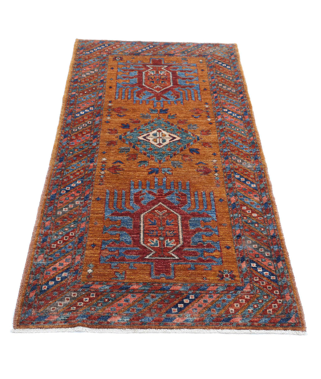 Hand Knotted Nomadic Caucasian Humna Wool Rug - 2'7'' x 5'10'' 2'7'' x 5'10'' (78 X 175) / Gold / Multi