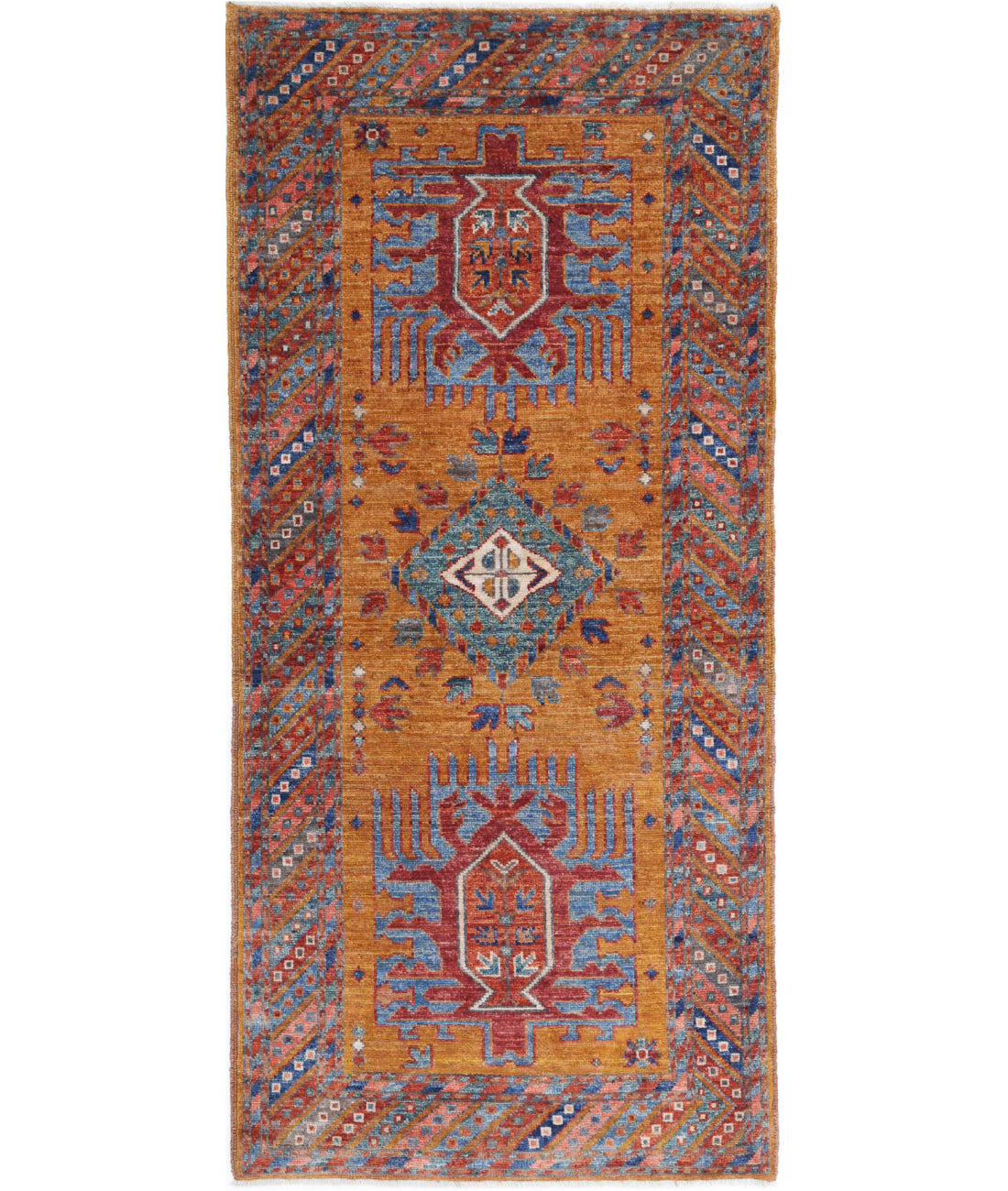 Hand Knotted Nomadic Caucasian Humna Wool Rug - 2&#39;7&#39;&#39; x 5&#39;10&#39;&#39; 2&#39;7&#39;&#39; x 5&#39;10&#39;&#39; (78 X 175) / Gold / Multi