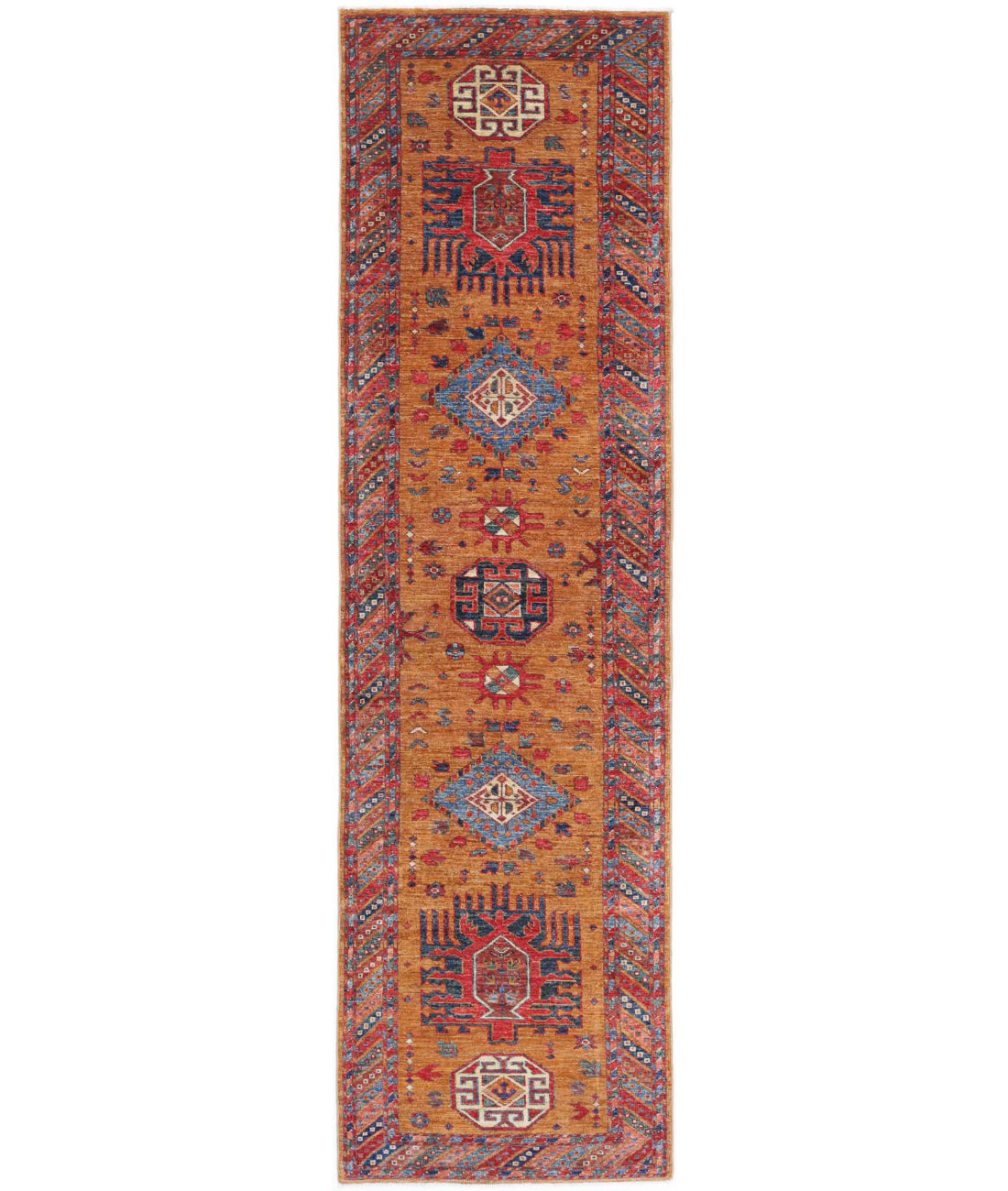 Hand Knotted Nomadic Caucasian Humna Wool Rug - 2&#39;8&#39;&#39; x 9&#39;6&#39;&#39; 2&#39;8&#39;&#39; x 9&#39;6&#39;&#39; (80 X 285) / Gold / Multi